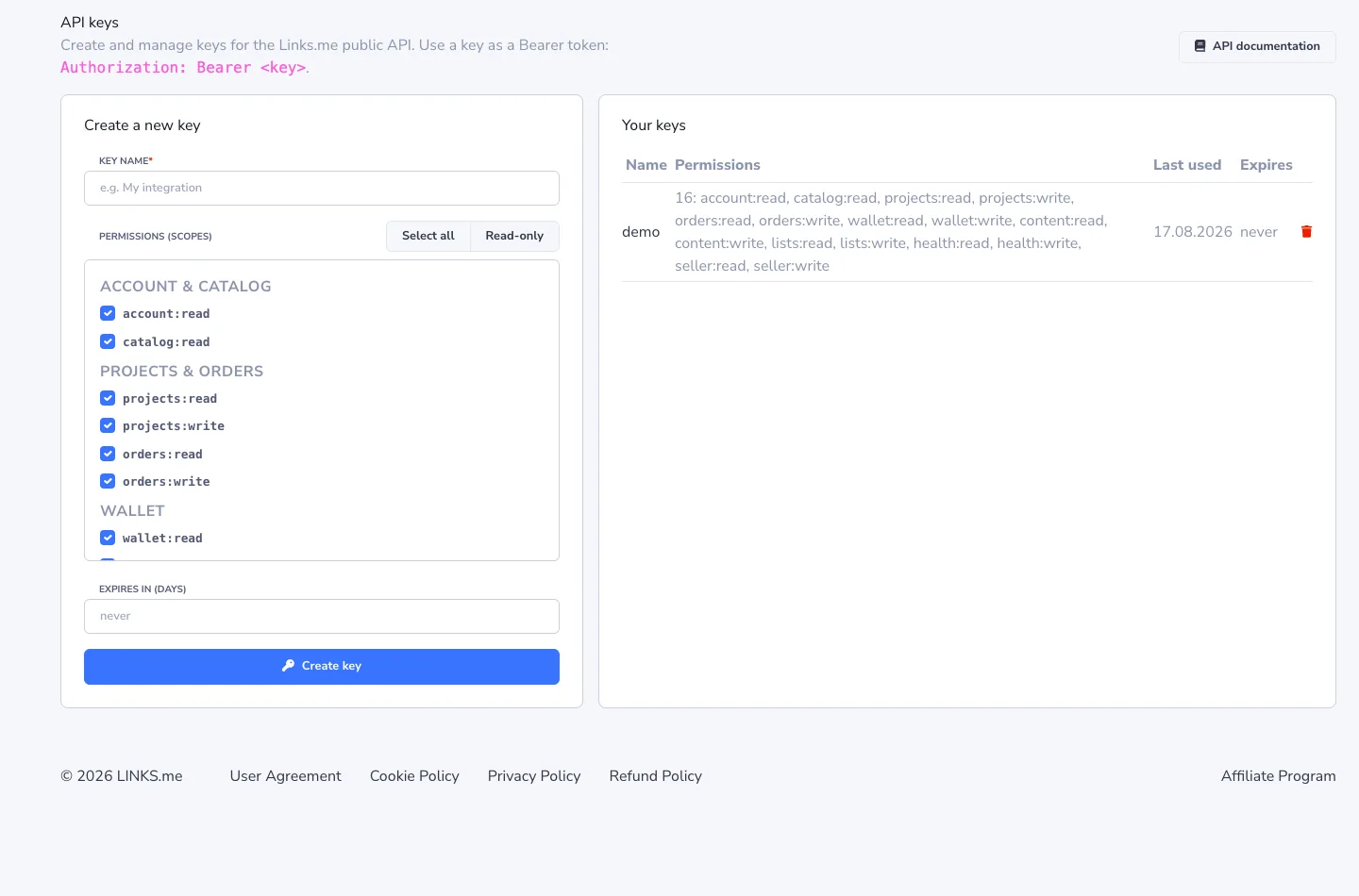 Creating an API key with scoped permissions